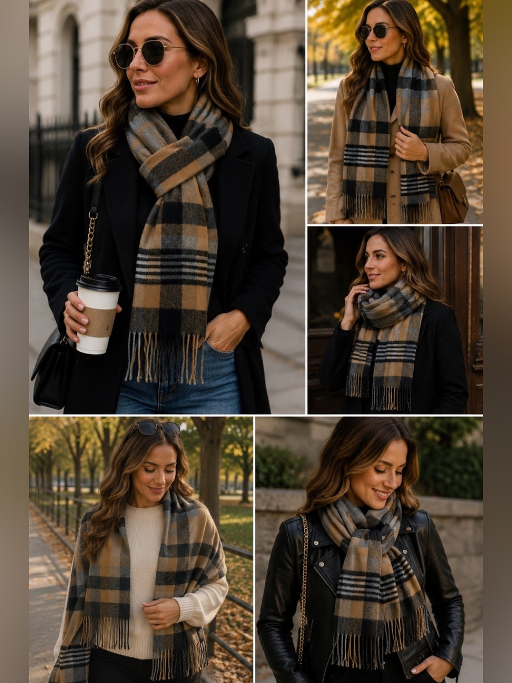 Cashmink V.FRAAS tan camel brown gray black plaid check fall winter scarf🔥